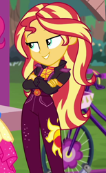 Size: 500x810 | Tagged: safe, screencap, pinkie pie, sunset shimmer, equestria girls, equestria girls series, g4, sunset's backstage pass!, spoiler:eqg series (season 2), bicycle, clothes, cropped, crossed arms, female, geode of empathy, magical geodes, music festival outfit, sexy, smiling, smirk, smugset shimmer