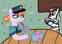 Size: 1000x707 | Tagged: safe, artist:wren, copper top, oc, oc:slow sipper, earth pony, pony, zebra, g4, clothes, comic, crumbs, cup, donut, female, food, grass, implied racism, mare, mug, one-panel comic, op is a duck, outdoors, plate, police officer, sipping, smug, table, uniform
