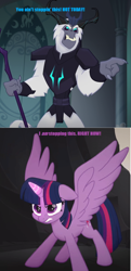 Size: 824x1708 | Tagged: safe, edit, edited screencap, screencap, storm king, twilight sparkle, alicorn, pony, g4, my little pony: the movie, comic, kingpin (marvel), liev schreiber, miles morales, screencap comic, spider-man: into the spider-verse, staff, staff of sacanas, twilight sparkle (alicorn), voice actor joke, wilson fisk
