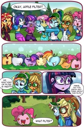 Size: 1280x1949 | Tagged: safe, artist:candyclumsy, idw, applejack, fluttershy, pinkie pie, rainbow dash, rarity, sci-twi, sunset shimmer, twilight sparkle, equestria girls, equestria girls series, festival filters, g4, spoiler:comic, spoiler:comic32, spoiler:eqg series (season 2), apple, apple pinkie, blushing, comic, female, food, food transformation, humane five, humane seven, humane six, open mouth, open smile, pinkie being pinkie, race swap, smiling, species swap