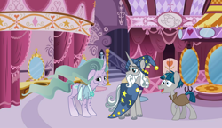 Size: 2048x1178 | Tagged: safe, artist:pillarsofequestria, mistmane, star swirl the bearded, stygian, pony, unicorn, fanfic:my little pony: friendship is sorcery, g4, carousel boutique, female, male, mare, scene interpretation, stallion