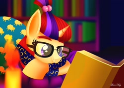 Size: 1920x1372 | Tagged: safe, artist:leonkay, moondancer, pony, unicorn, g4, book, candle, clothes, crossed arms, crossed hooves, female, glasses, mare, pajamas, reading, solo