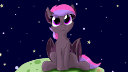 Size: 1920x1080 | Tagged: safe, artist:jubyskylines, oc, oc only, bat pony, pony, animated, asteroid, bat pony oc, bat wings, chest fluff, cute, cute little fangs, fangs, front view, full face view, gif, heart eyes, looking at you, meteor, sitting, smiling, solo, space, spread wings, starry night, stars, wallpaper, wingding eyes, wings