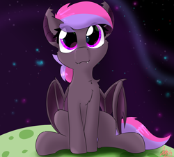 Size: 2598x2362 | Tagged: safe, artist:jubyskylines, oc, oc only, oc:midnight starburst, bat pony, pony, asteroid, bat pony oc, bat wings, chest fluff, cute, cute little fangs, fangs, front view, full face view, heart eyes, high res, looking at you, sitting, smiling, solo, space, spread wings, stars, wingding eyes, wings
