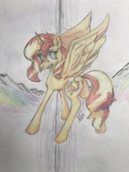 Size: 3024x4032 | Tagged: safe, artist:scribleydoodles, sunset shimmer, alicorn, pony, g4, alicornified, female, grin, mare, race swap, shimmercorn, sketch, smiling, traditional art