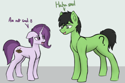 Size: 3438x2298 | Tagged: safe, artist:czu, oc, oc only, oc:anonpone, oc:czupone, earth pony, pony, unicorn, earth pony oc, female, high res, horn, larger female, male, mare, ponified, size difference, smaller male, smol, stallion, teasing, unicorn oc