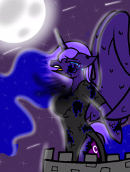 Size: 1536x2048 | Tagged: safe, artist:artmama113, nightmare moon, princess luna, alicorn, anthro, g4, clothes, crying, ethereal mane, eyes closed, female, full moon, moon, night, shooting star, solo, starry mane, stars, torn clothes, transformation