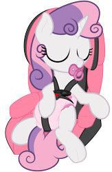 Size: 1300x2000 | Tagged: safe, artist:nitei, sweetie belle, pony, unicorn, g4, car seat, cute, diaper, diaper fetish, diasweetes, eyes closed, female, fetish, filly, foal, non-baby in diaper, pacifier, seatbelt, seatie belt, show accurate, simple background, sleeping, solo, transparent background
