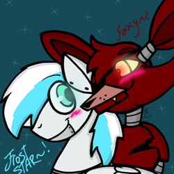 Size: 2048x2048 | Tagged: safe, artist:artmama113, oc, oc:frost star, fox, pony, robot, robot pony, animatronic, blushing, bust, crossover, five nights at freddy's, foxy, high res, signature, smiling