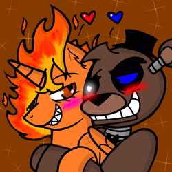 Size: 2048x2048 | Tagged: safe, artist:artmama113, oc, alicorn, bear, pony, alicorn oc, blushing, bust, crossover, five nights at freddy's, freddy fazbear, grin, hat, heart, high res, horn, mane of fire, sharp teeth, signature, smiling, teeth, top hat, wings