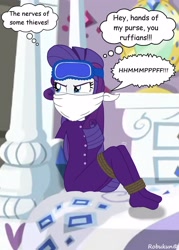 Size: 1920x2688 | Tagged: safe, artist:robukun, rarity, equestria girls, g4, arm behind back, bed, bondage, bound and gagged, cloth gag, clothes, female, femsub, footed sleeper, footie pajamas, gag, muffled words, on bed, onesie, over the nose gag, pajamas, rarisub, rarity is not amused, rope, rope bondage, submissive, thought bubble, tied up, unamused