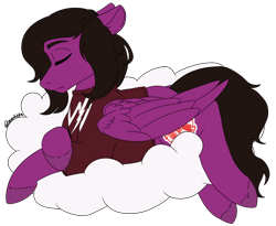Size: 1062x870 | Tagged: safe, artist:rcdesenhista, pegasus, pony, clothes, cloud, commission, crossed hooves, eyes closed, folded wings, lying down, male, pierce the veil, ponified, prone, shirt, signature, simple background, sleeping, solo, stallion, t-shirt, transparent background, vic fuentes, wings, ych result
