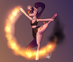 Size: 1700x1446 | Tagged: safe, artist:plaguemare, oc, oc only, oc:pyro mane, pony, unicorn, ballet, belly button, blue eyes, bra, bralette, clothes, dancing, ear piercing, earring, eyeshadow, female, fire, flexible, gauges, glowing horn, horn, jewelry, magic, makeup, mare, necklace, piercing, ponytail, purple eyeshadow, purple mane, purple tail, pyromancy, see-through, see-through skirt, skirt, solo, standing, standing on one leg, underwear, yoga