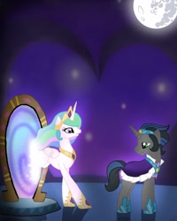 Size: 1000x1250 | Tagged: safe, artist:rxndxm.artist, king sombra, princess celestia, alicorn, pony, g4, female, full moon, good king sombra, hoof shoes, jewelry, looking at each other, looking back, magic mirror, male, mare, mare in the moon, moon, peytral, raised hoof, ship:celestibra, shipping, stallion, straight, tiara