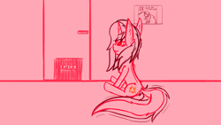 Size: 1920x1080 | Tagged: safe, princess celestia, oc, oc only, alicorn, pony, unicorn, clock, crown, cute, cyrillic, door, fangs, female, happy, jewelry, mare, monochrome, regalia, room, russian, sitting, sketch, smiling, solo, tail wag, text, waiting