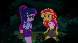 Size: 750x420 | Tagged: safe, screencap, sci-twi, sunset shimmer, twilight sparkle, equestria girls, g4, my little pony equestria girls: legend of everfree, animated, camp everfree outfits, forest, magic, night