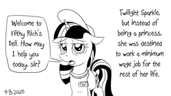 Size: 1200x675 | Tagged: safe, artist:pony-berserker, twilight sparkle, pony, unicorn, pony-berserker's twitter sketches, g4, after the series end, black and white, destiny, fate worse than death, female, grayscale, minimum wage, monochrome, sad, simple background, solo, tired, unicorn twilight, white background