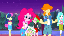 Size: 800x450 | Tagged: safe, screencap, pinkie pie, equestria girls, g4, my little pony equestria girls: legend of everfree, animated, camp everfree outfits, cute, food, lantern, marshmallow, night, paper lantern
