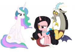 Size: 1280x893 | Tagged: safe, artist:mlplover2344, discord, princess celestia, oc, oc:solar beam, hybrid, g4, base used, family, female, interspecies offspring, male, offspring, parent:discord, parent:princess celestia, parents:dislestia, ship:dislestia, shipping, simple background, straight, white background