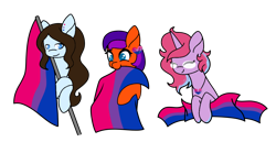 Size: 1062x547 | Tagged: safe, artist:icicle-niceicle-1517, artist:kb-gamerartist, color edit, edit, oc, oc only, oc:jade harmony, oc:krissy, oc:lilac, earth pony, pegasus, pony, unicorn, bisexual pride flag, collaboration, colored, cute, ear piercing, earring, eyes closed, female, flag, glasses, heart, jewelry, mare, necklace, piercing, pride, pride flag, simple background, transparent background