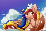 Size: 2400x1600 | Tagged: safe, artist:symbianl, oc, oc only, oc:pearl shine, pegasus, pony, anime, anime style, cloud, commission, cute, female, flower, flower in hair, looking at you, mare, nation ponies, ocbetes, open mouth, petals, philippines, ponified, sky, smiling, smiling at you, solo, spread wings, windswept mane, wings