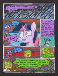 Size: 2513x3277 | Tagged: safe, artist:oatmeal155, twilight sparkle, oc, oc:crimson maroon, oc:sour root, earth pony, pony, unicorn, comic:oat.meal, g4, book, comic, dialogue, ever emerald manor, high res, library, rain, stained glass, stars, traditional art, window