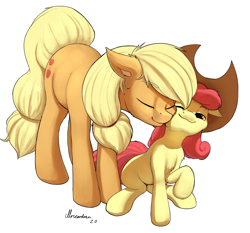 Size: 1920x1792 | Tagged: safe, artist:mricantdraw, apple bloom, applejack, earth pony, pony, g4, accessory swap, adorabloom, apple sisters, applebetes, applejack's hat, chest fluff, cowboy hat, cute, duo, ear fluff, eyes closed, female, filly, foal, hat, jackabetes, mare, nuzzling, one eye closed, raised leg, siblings, signature, simple background, sisters, smiling, sweet dreams fuel, white background, wholesome
