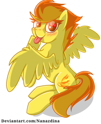 Size: 1094x1336 | Tagged: safe, artist:nanazdina, part of a set, spitfire, pegasus, pony, g4, :p, blushing, cute, cutefire, cutie mark, heart eyes, ibispaint x, looking at you, simple background, solo, spread wings, tongue out, white background, wingding eyes, wings, wonderbolts