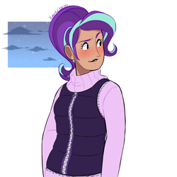 Size: 2500x2500 | Tagged: safe, artist:syrupyyy, starlight glimmer, human, g4, alternate hairstyle, blushing, clothes, female, high res, humanized, lip bite, lipstick, raised eyebrow, simple background, solo, sweater, vest, white background