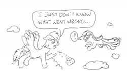 Size: 1440x804 | Tagged: safe, artist:jamestkelley, derpy hooves, rainbow dash, pegasus, pony, g4, black and white, cloud, digital art, dropping, flying, food, grayscale, i just don't know what went wrong, monochrome, muffin, muffin denial, on a cloud, sad, speech bubble, standing on a cloud, surprised