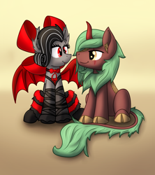 Size: 3500x3938 | Tagged: safe, artist:yugtra, oc, oc:selketo, oc:valentora, bat pony, kirin, pony, bat pony oc, bat wings, bow, clothes, couple, curly mane, dress, eye contact, eyelashes, fangs, female, high res, kirin oc, leg warmers, looking at each other, male, red and black oc, ribbon, scar, sitting, smiling, tail, tail fluff, wings