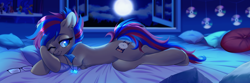 Size: 9000x3000 | Tagged: safe, artist:ls_skylight, oc, oc only, earth pony, pony, absurd resolution, bed, bedroom, body pillow, body pillow design, cd, chest fluff, comfy, commission, dock, ear piercing, earring, eyebrows, eyebrows visible through hair, female, glasses, heart eyes, jewelry, looking at you, lying down, mare, moon, necklace, night, on bed, one eye closed, open window, piercing, pillow, solo, window, wingding eyes