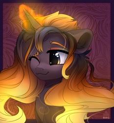 Size: 1629x1750 | Tagged: safe, artist:radioaxi, oc, oc only, pony, unicorn, abstract background, chest fluff, eye clipping through hair, female, flowing mane, glowing horn, horn, magic, mare, one eye closed, smiling, solo