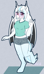 Size: 1522x2552 | Tagged: safe, artist:puetsua, oc, oc only, bat pony, anthro, unguligrade anthro, clothes, eyebrows, eyebrows visible through hair, female, glasses, looking at you, midriff, raised leg, shirt, shorts, smiling, smiling at you, solo, waving, wings
