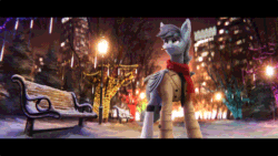 Size: 1066x600 | Tagged: safe, artist:smowu, oc, oc only, bat pony, pony, animated, bench, cigarette, cinemagraph, city, clothes, commission, irl, male, night, park, park bench, perfect loop, photo, ponies in real life, scarf, shirt, smiling, smoking, snow, solo, stallion, streetlight, winter