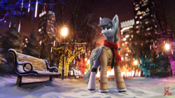 Size: 4531x2540 | Tagged: safe, alternate version, artist:smowu, oc, oc only, bat pony, pony, bench, cigarette, city, clothes, commission, irl, male, night, park, park bench, photo, ponies in real life, scarf, shirt, smiling, smoking, snow, solo, stallion, streetlight, winter