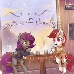 Size: 2798x2798 | Tagged: safe, artist:mirroredsea, oc, oc only, oc:cybil, oc:cybil arden (rhstrings), oc:ruby, oc:ruby heartstrings (rhstrings), pegasus, pony, unicorn, g4, cafe, clothes, colored pupils, cozy, cup, duo, eye clipping through hair, female, freckles, high res, indoors, lidded eyes, looking at each other, mare, open mouth, sitting, smiling, snow, stool, sweater, table