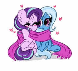 Size: 4096x3755 | Tagged: safe, artist:kittyrosie, starlight glimmer, trixie, pony, unicorn, g4, blushing, clothes, cute, diatrixes, doodle, duo, duo female, eyes closed, female, glimmerbetes, heart, lesbian, mare, raised leg, scarf, shared clothing, shared scarf, ship:startrix, shipping, simple background, sitting, smiling, white background