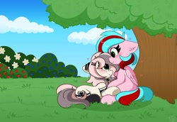 Size: 872x601 | Tagged: safe, artist:kittyrosie, oc, oc only, earth pony, pegasus, pony, blushing, bush, clothes, cloud, commission, cute, duo, female, floppy ears, grass, hairclip, heart, lesbian, looking at each other, mare, oc x oc, ocbetes, scenery, shipping, sitting, smiling, socks, tree, under the tree