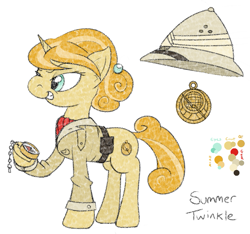 Size: 1069x1000 | Tagged: safe, artist:underwoodart, oc, oc:summer twinkle, pony, unicorn, the tale of two sisters, ascot tie, astrolabe, belt, clothes, compass, explorer, explorer outfit, female, hairpin, hat, mare, pith helmet, reference sheet, safari jacket, shirt, simple background, white background