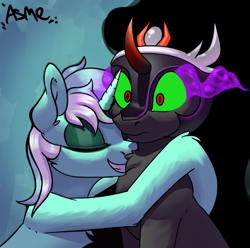 Size: 2851x2826 | Tagged: safe, artist:asme, king sombra, lyra heartstrings, pony, unicorn, g4, antagonist, duo, eyes closed, female, high res, hug, male, mare, sombra eyes, stallion, wide eyes
