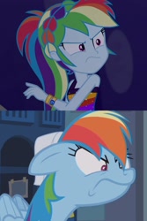 Size: 1526x2289 | Tagged: safe, edit, screencap, rainbow dash, pegasus, pony, equestria girls, equestria girls series, g4, parental glideance, spring breakdown, angry, argument, clothes, comparison, dress, female, geode of super speed, headband, locker room, magical geodes, ragebow dash, rainbow dash is not amused, sleeveless, sleeveless dress, solo, stop, unamused