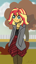 Size: 1440x2560 | Tagged: safe, artist:iamsheila, sunset shimmer, equestria girls, g4, alternate hairstyle, autumn, clothes, cute, fashion, shimmerbetes, short hair, solo, tree