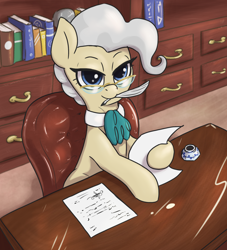 Size: 1660x1830 | Tagged: safe, artist:t72b, derpibooru exclusive, mayor mare, earth pony, pony, g4, book, chair, desk, female, glasses, inkwell, looking at you, mare, mouth hold, office, paperwork, quill, sitting, solo