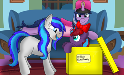 Size: 1280x771 | Tagged: safe, alternate version, artist:small-brooke1998, oc, oc:charming dazz, oc:hooklined, oc:paddy sparkle, alicorn, earth pony, pony, unicorn, birthday gift, bow, box, commission, looking at each other, open mouth, photo, pony in a box, smiling