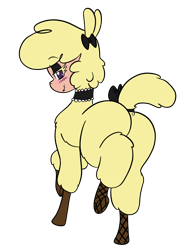 Size: 1536x2048 | Tagged: safe, artist:steelsoul, paprika (tfh), alpaca, them's fightin' herds, blushing, bow, butt, choker, cloven hooves, community related, dock, featureless crotch, female, fishnet stockings, looking at you, looking back, looking back at you, papributt, plot, raised leg, simple background, solo, tail bow, transparent background, underhoof