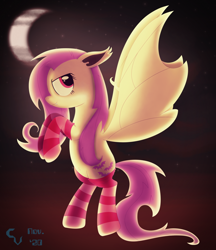 Size: 4734x5490 | Tagged: safe, artist:cosmikvek, fluttershy, bat pony, pony, g4, bat ponified, belly button, clothes, flutterbat, flying, moon, night, race swap, redraw, remake, socks, solo, striped socks, thigh highs, wings