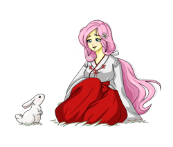 Size: 3312x2813 | Tagged: safe, artist:ameliacostanza, part of a set, fluttershy, rabbit, equestria girls, g4, animal, anime, crossover, hakama, high res, inuyasha, kikyo, miko, open mouth, priestess, simple background, sitting, transparent background, yamato nadeshiko