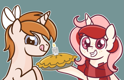 Size: 1003x648 | Tagged: safe, artist:redpalette, oc, oc:red palette, oc:white shield, pony, unicorn, base used, birthday, bow, clothes, cute, food, horn, pie, scarf, tongue out, unicorn oc