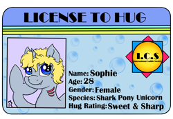 Size: 2600x1800 | Tagged: safe, artist:dawn-designs-art, oc, oc only, oc:sophie, hybrid, original species, pony, shark, shark pony, bubble, commission, cuddling, female, hug, id card, license, license to hug, mare, sharp teeth, solo, teeth, your character here